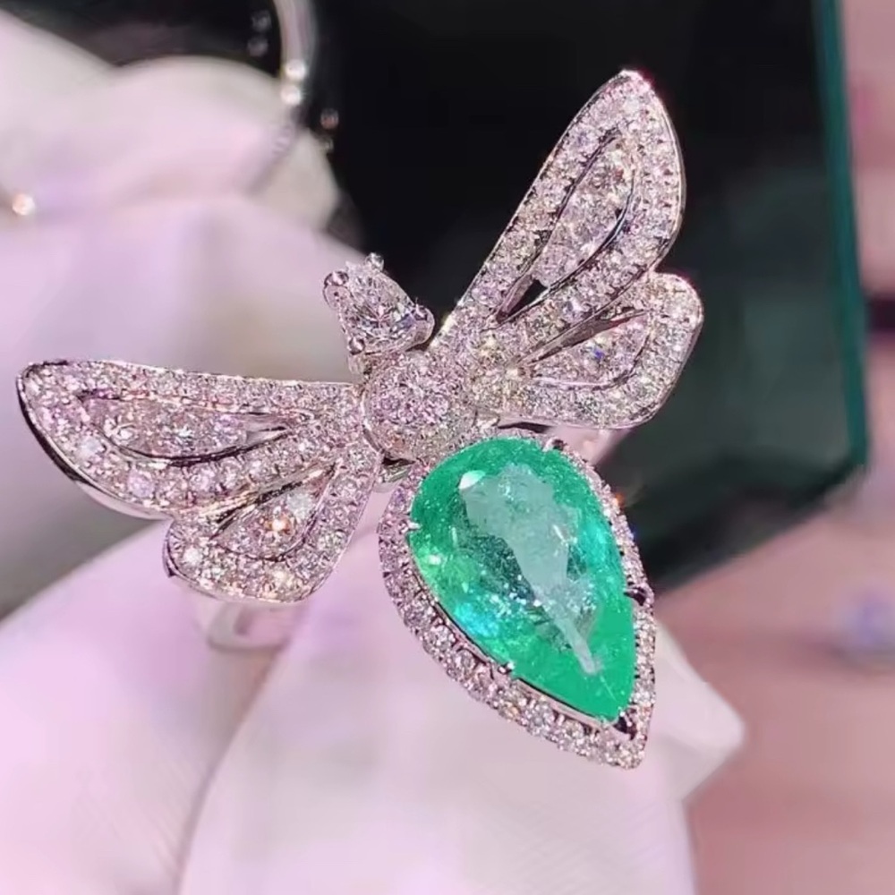 Elegant Silver and Green Gemstone Butterfly Ring